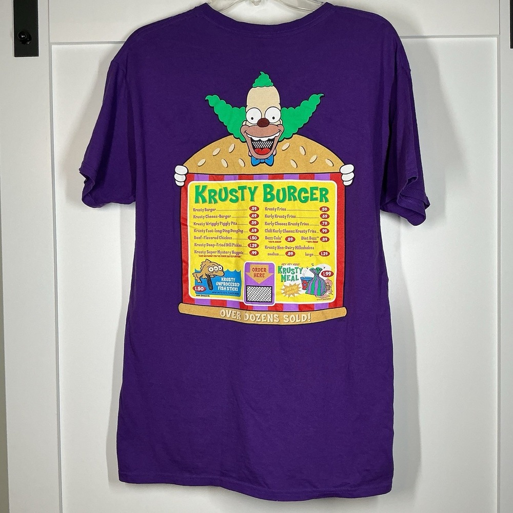 The Simpsons Krusty Burger Mens Medium Purple Tee Shirt Comic Retro‎ Menu Rare